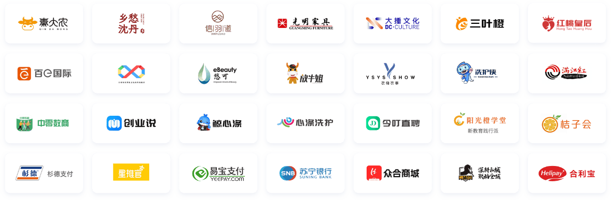 合作伙伴:银泰商业、杉杉商业、联想集团、信羽道、广厦明珠、有纯科技、大捶文化、桔子会、创业说、鲸心涤、今叮直聘、苏宁银行、众合商城、微信支付、支付宝、阿里云、腾讯云、抖音电商、快手电商、小红书、淘宝天猫